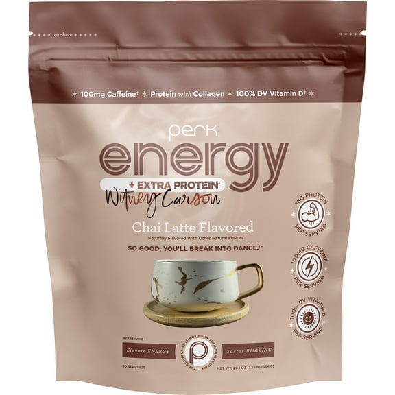 Perk Energy + Extra Protein Powder (1.3 LB) Chai Latte – Witney Carson Collab – 100mg Caffeine, 16g Protein with Collagen, 100% DV Vitamin D, Gluten-Free, Soy-Free, GMO-Free, 20 Servings
