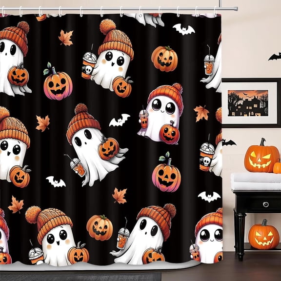 Halloween Ghost Shower Curtain Cute Pumpkin And Bat Bathroom Decor Fabric Waterproof With Hooks 71x71 inches