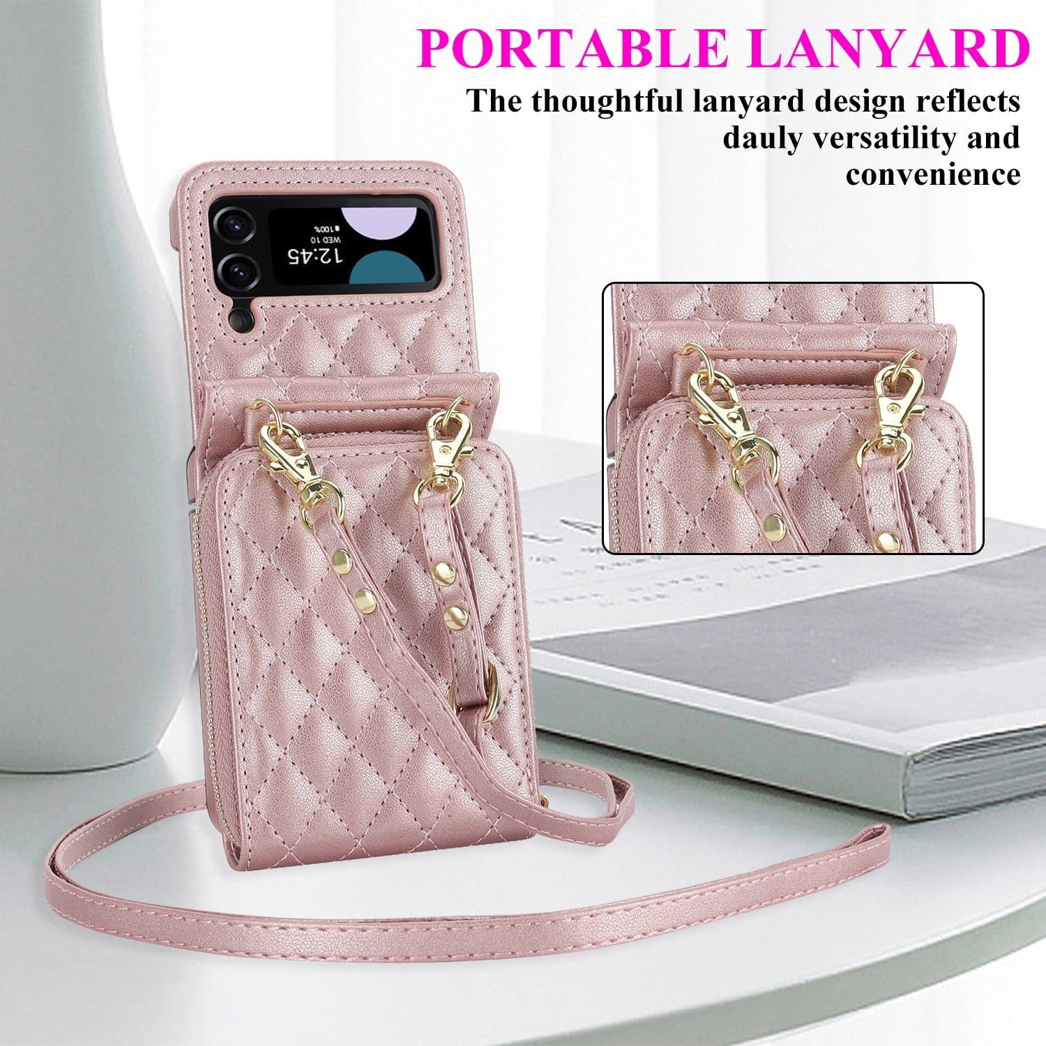 for Samsung Galaxy Z Flip 3 Crossbody Wallet Case with Card Holder 8-Card Slots Wallet Case with Adjustable Strap Soft PU Leather Protective Zipper Phone Case for Women Girls,Rosegold