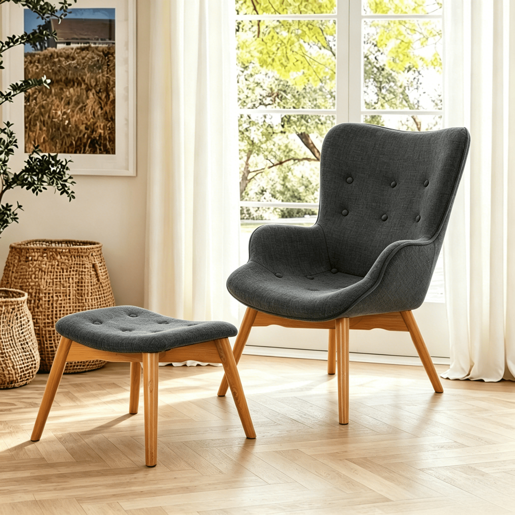 Gewnee 26.18”Comfy Accent Chair with Ottoman,Modern Reading Armchair - Solid Wood Frame,Lounge Chairt for Living Room,Bedroom,Home,Office.Gray
