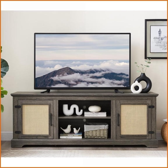TV Furniture Farmhouse Gray TV Stand with Rattan Doors | Fits 70” TVs | MDF | Antique Gray