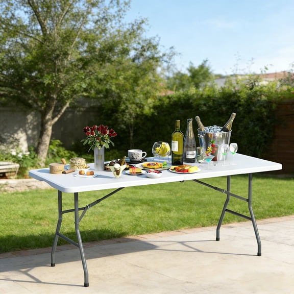 EVOKEDEN 6 Foot Folding Table, Heavy Duty Folding Table, Portable Outdoor Foldable Table w/ Carrying Handle for Camping Picnic Parties Indoor Events