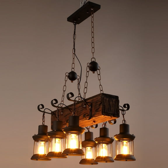 Rustic Wood Chandelier Farmhouse 6 Light Vintage Pendant Light Ceiling Fixture