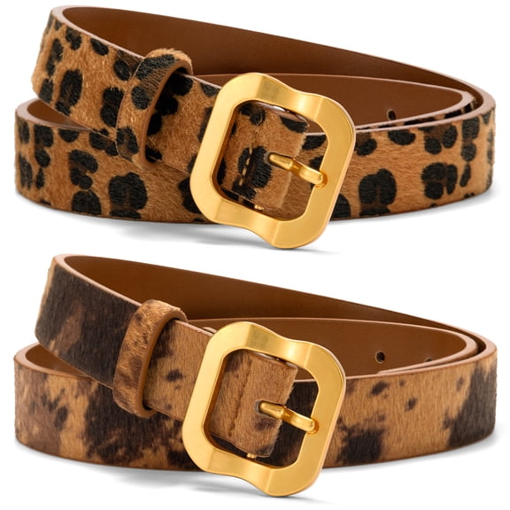 Punplita 2 Pack Women’s Leopard & Animal Print Belts Gold Buckle Belts for Women Casual Dress Jeans Belt
