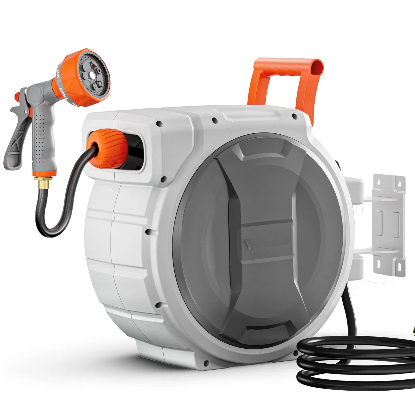 Extensible garden hose reel, wall-mounted hose reel, with 9 pattern nozzles, adjustable length lock, upgraded slow return system, suitable for watering and car washing