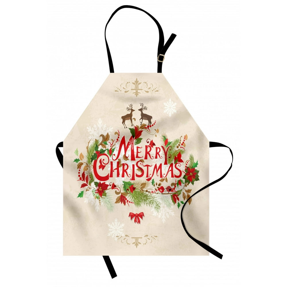 Christmas Apron Merry Xmas Wish with Fir Tree Branches Poinsettia ...