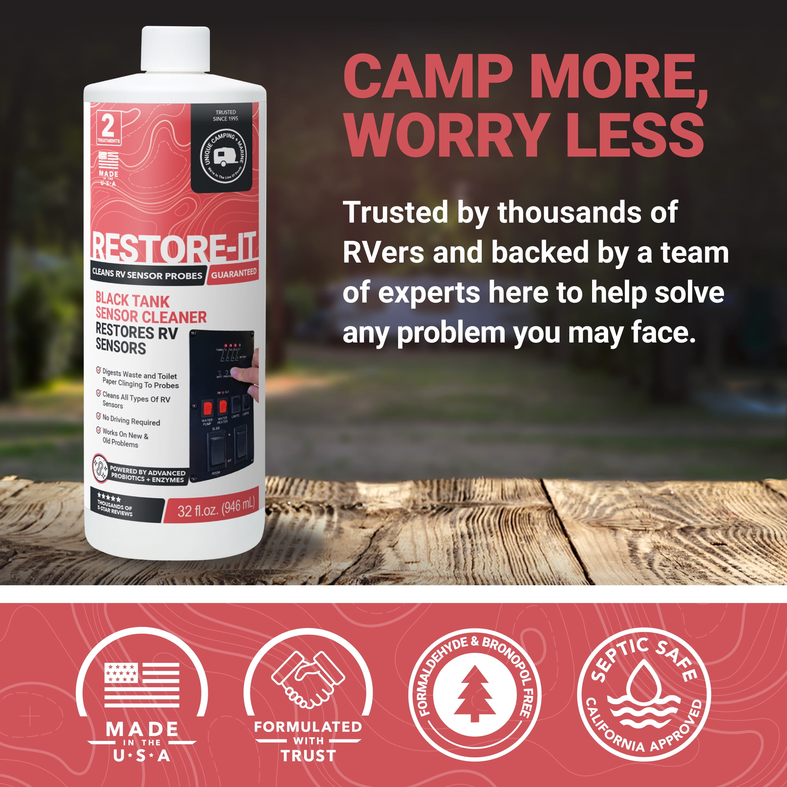 Unique Restore-It RV Tank Sensor Cleaner Liquid, Restore and Clean RV Black Tank Sensors (32 oz)