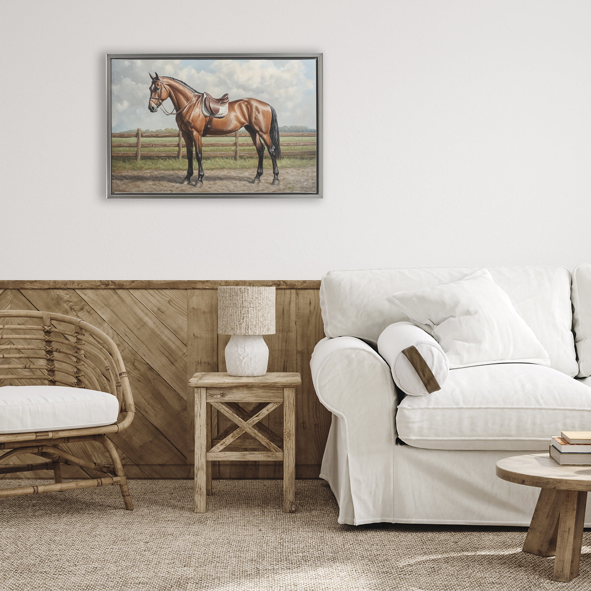 Stupell Industries Sunshine Pony on Farm Path Gray Framed Floater Canvas Wall Art, design by Petal Prints Design