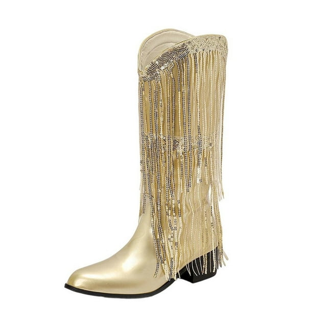 Bottes d'Hiver Dorées pour Femmes avec Détail à Franges et Bout Pointu pour un Style Décontracté et Tendance