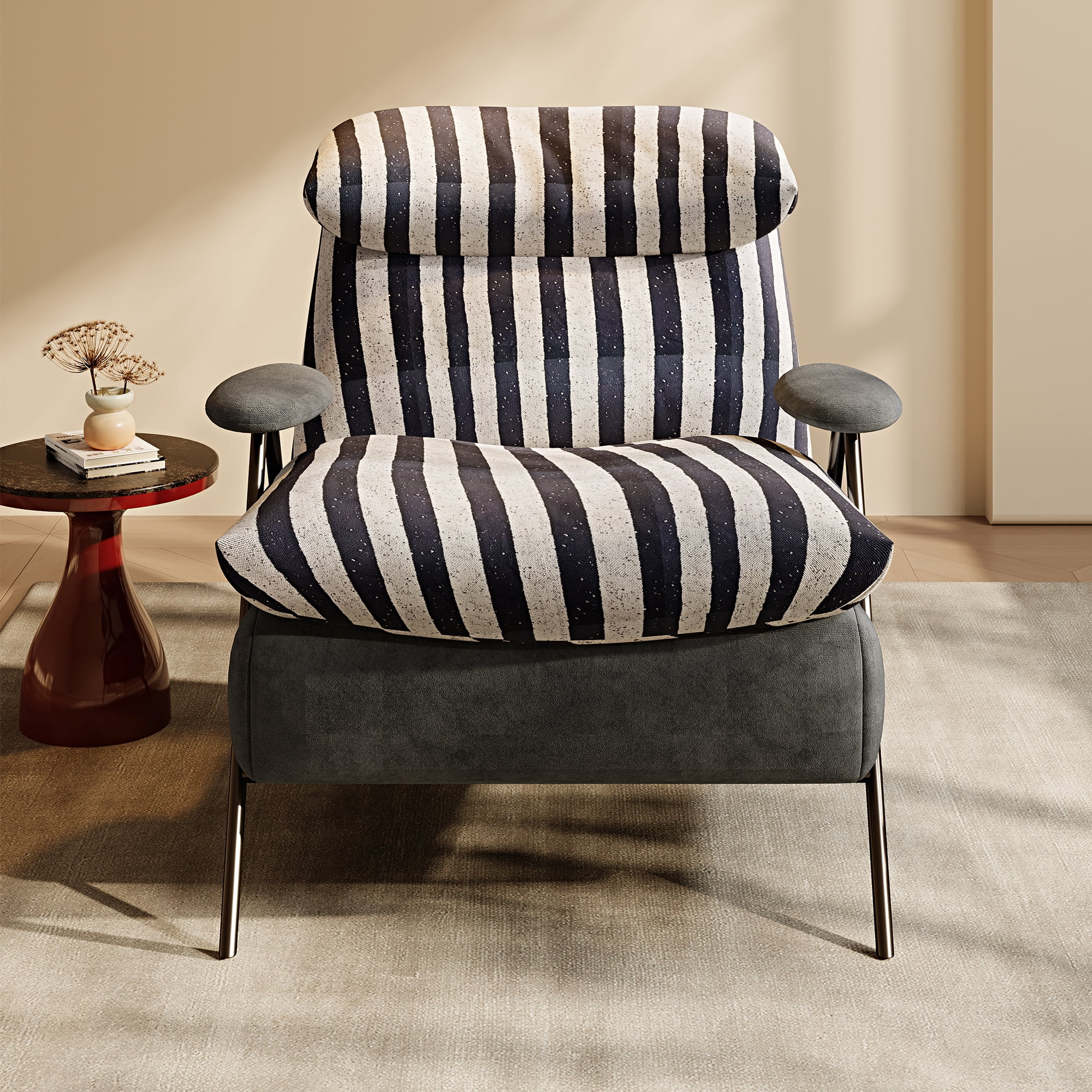GARITIN Accent Chair and Reading Chair 31.8 Inch, Solid Wood Frame Lounge Chair with Plush Velvet Upholstery for Living Room Bedroom, Grey Striped