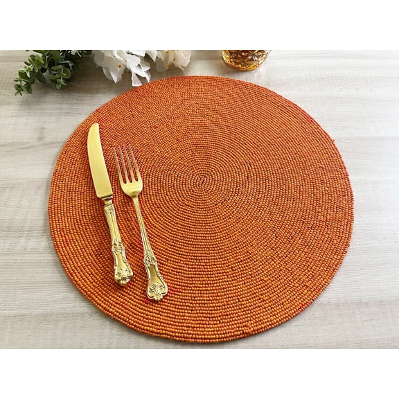 Set of 6, Handmade beaded placemat, beaded table mat, bright orange (more colour options available)