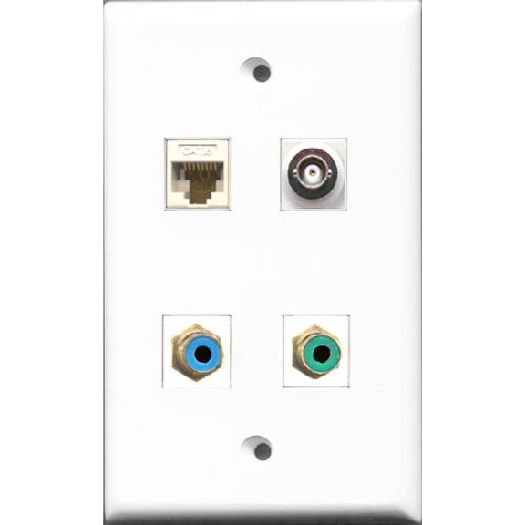 RiteAV 1 Port RCA Green and 1 Port RCA Blue and 1 Port BNC and 1 Port Cat6 Ethernet White Wall Plate