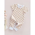 thumbnail image 3 of Qmyliery Baby’s Casual Short Sleeve Jumpsuit Fashion Checkerboard Printed Round Neck Long Romper,0-18 Months, 3 of 9