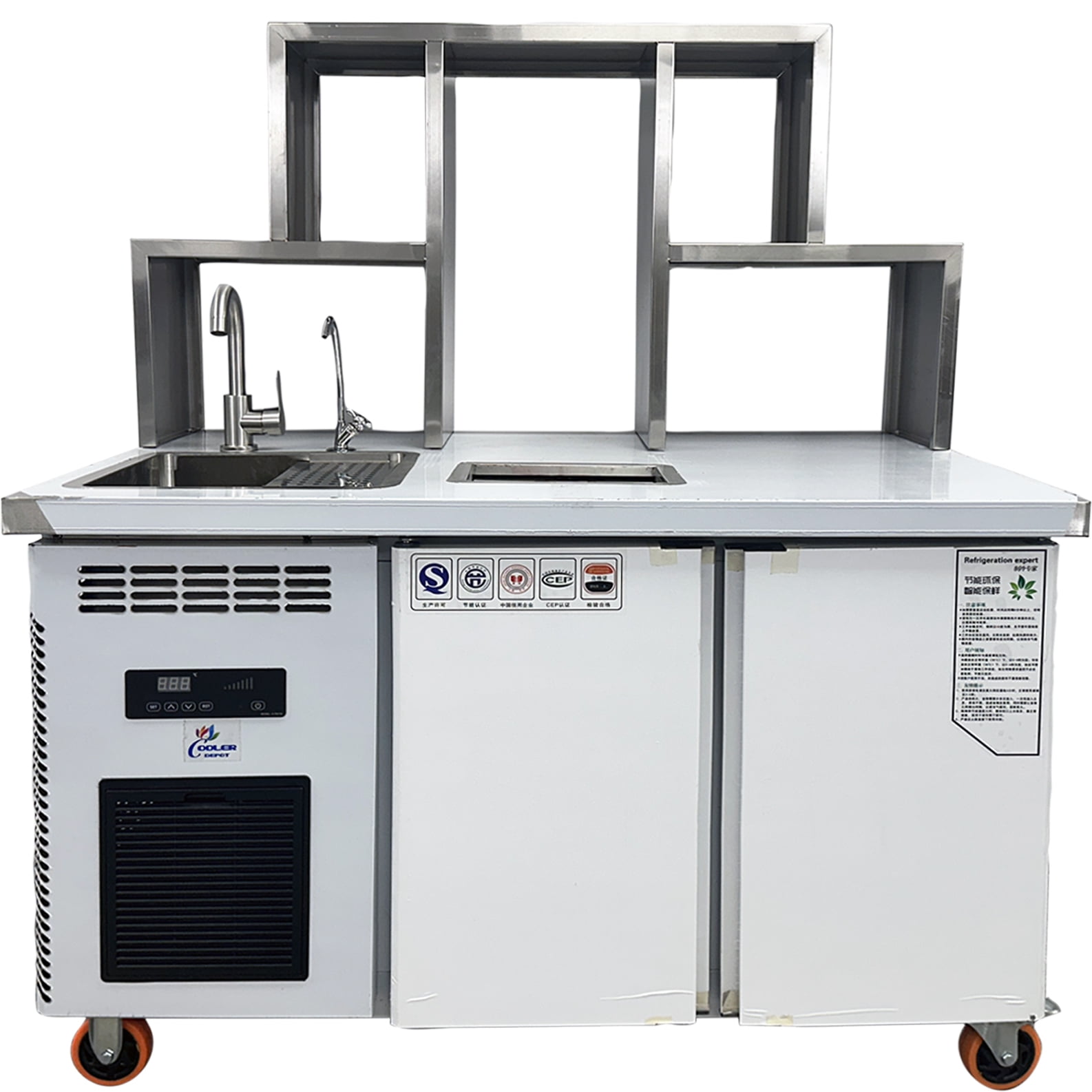48" Bubble Tea Workstation Refrigerator, Commercial Boba Prep Station with Sink, Cold Well & Undercounter Cooler, 110V Stainless Steel Bar Station