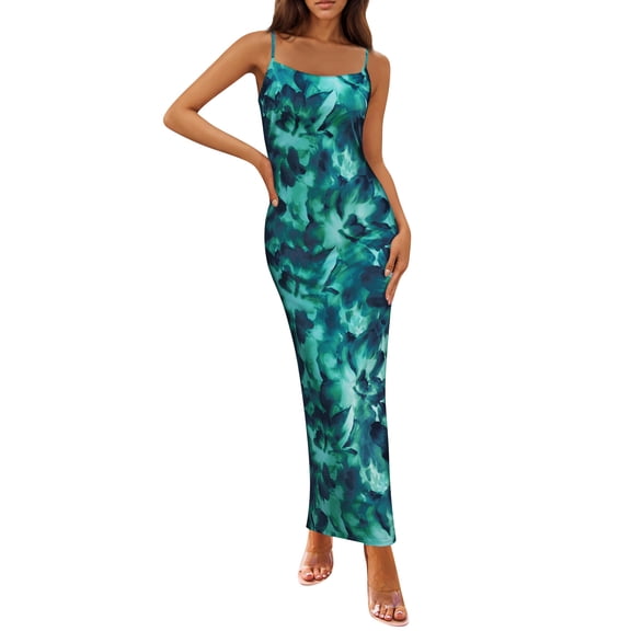 LWavelet Womens Spaghetti Strap Floral Print Bodycon Maxi Dress Daily Party Formal Dress Green M