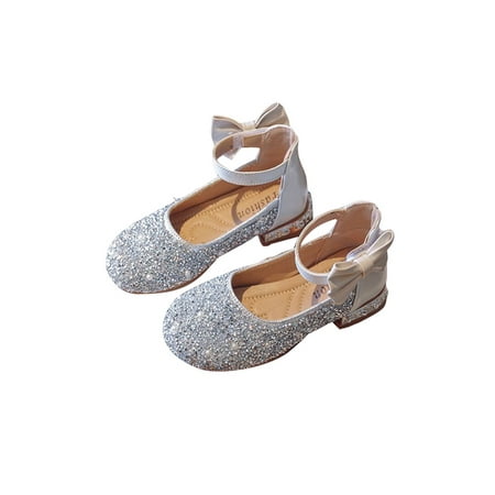 

Wazshop Girls Dress Shoes Rhinestone Flats Comfort Princess Shoe Lightweight Ankle Strap Mary Jane Sandals Girl s Pumps Glitter Cute Silver 9C