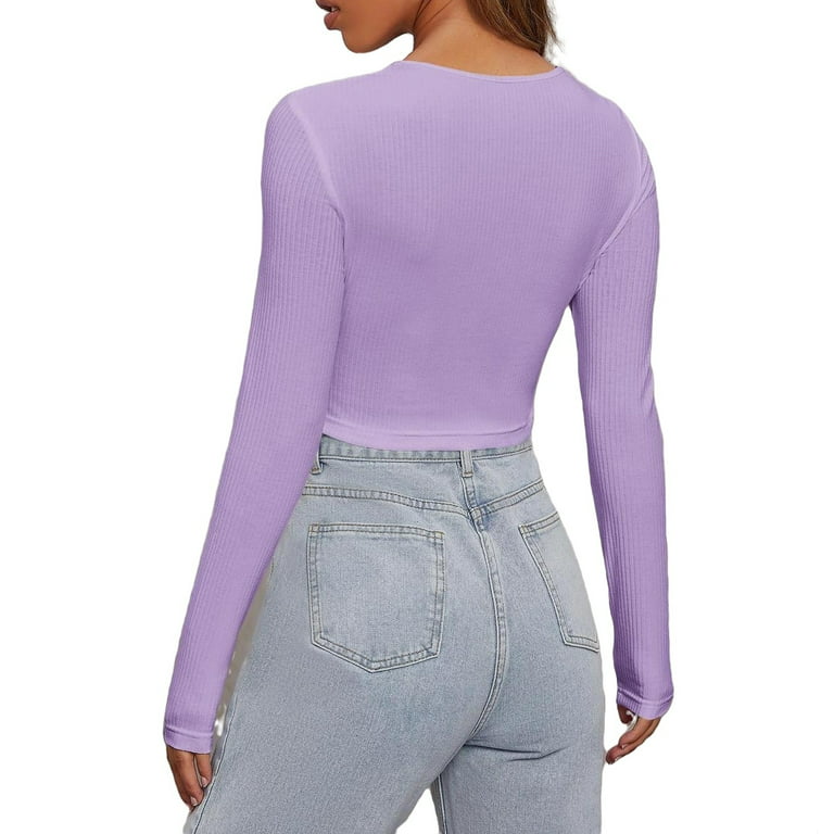 Casual Round Neck Long Sleeve Lilac Purple Womens T-Shirts (Women's)