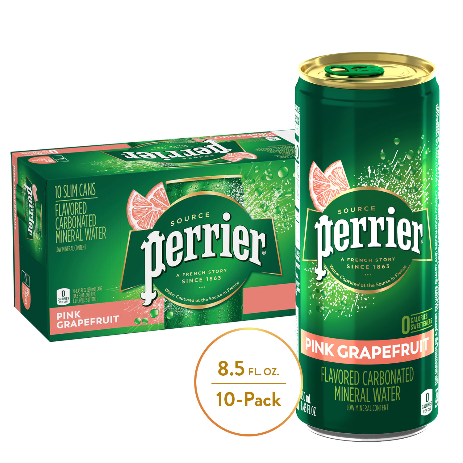 Perrier Pink Grapefruit Flavored Carbonated Mineral Water, 8.45 fl oz. Slim Cans (10 Count