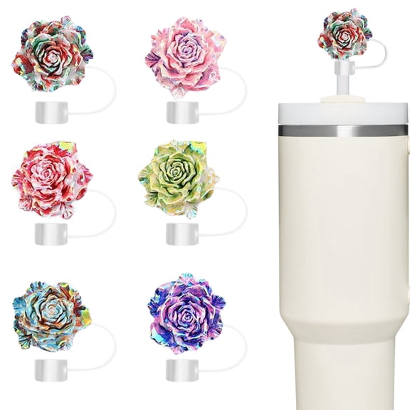 Straw Cover Cap,6PCS Oil Painting Rose Straw Toppers for  Cup, Compatible With 30oz & 40oz Tumblers 10mm Reusable Silicone Accessories,Ideal Gifts for Friends