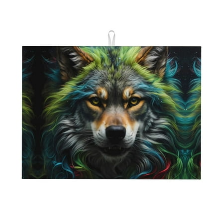 

Large Dish Drying Mats for Kitchen Counter - Realistic Style Colorful Wolf 18x24In Anti-Slip Absorbent Microfiber Drying Mat for Kitchen Counter Mat Dish Rack Mat with Hanging Loop