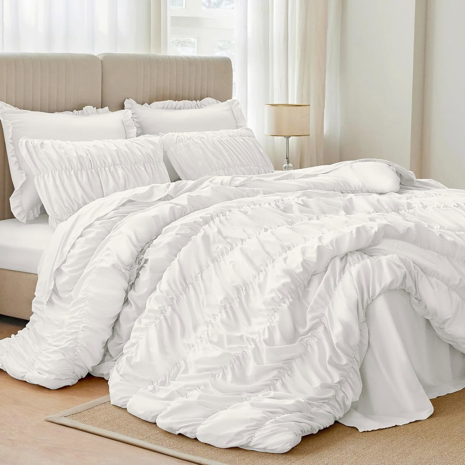 3 Pieces White Ruched Duvet Cover Set Bed Set Boho Shabby Chic Bedding Set for Bedroom Soft Fluffy Ruffle Queen Comforter Cover Set with Pillowcases