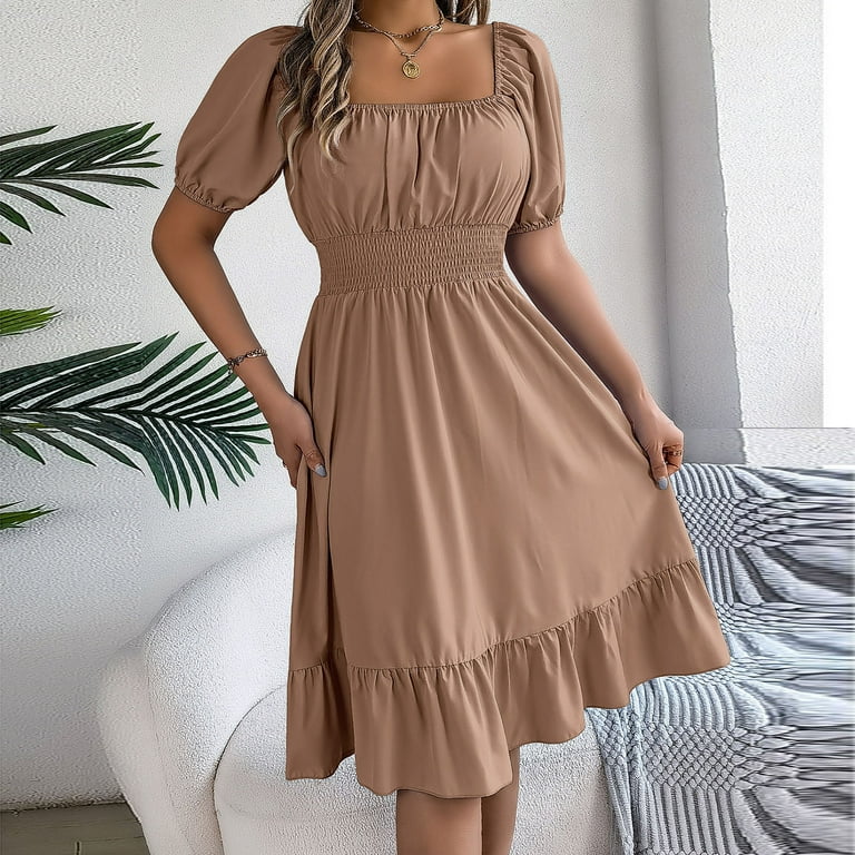 QUNYINEY Casual Women Dresses Puff Short Sleeve Solid A-Line Dress