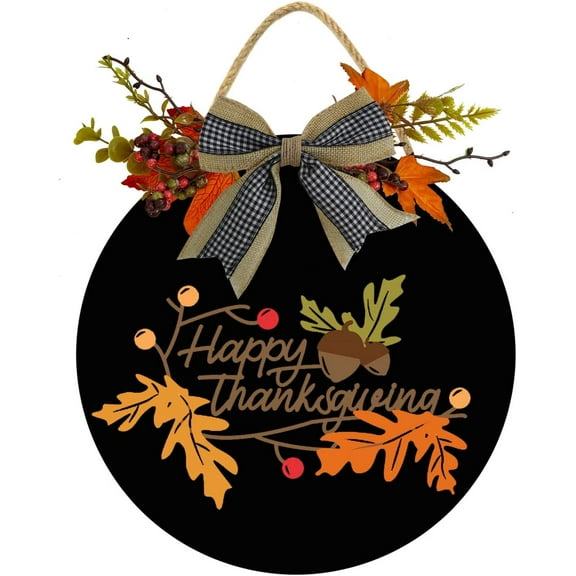 Eveokoki 11" Happy Thanksgiving Wood Hanging Sign Plaque Wooden Front Door Hanger Rustic Outdoor Wall Art for Porch Decoration Home Antique Wood Round Hello Door Sign