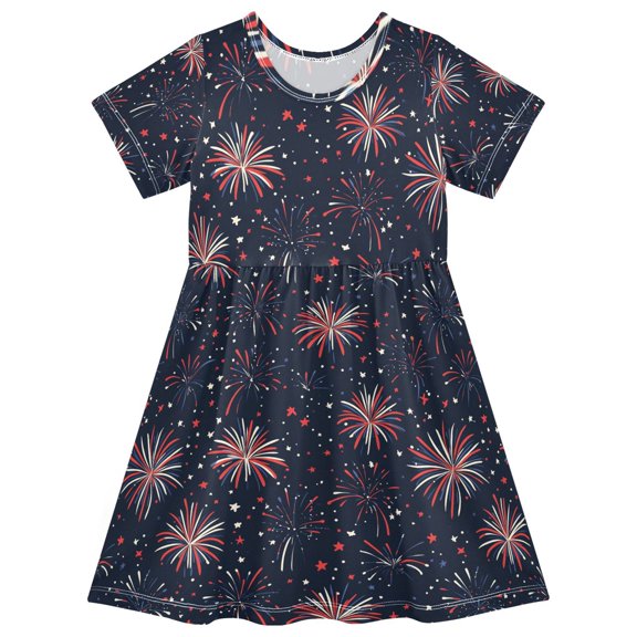 FORMRS Girls Short Sleeve Dress Summer Casual Round Neck A-line Beach Sundress, Sizes 2T-8T, Red and White Fireworks Pattern