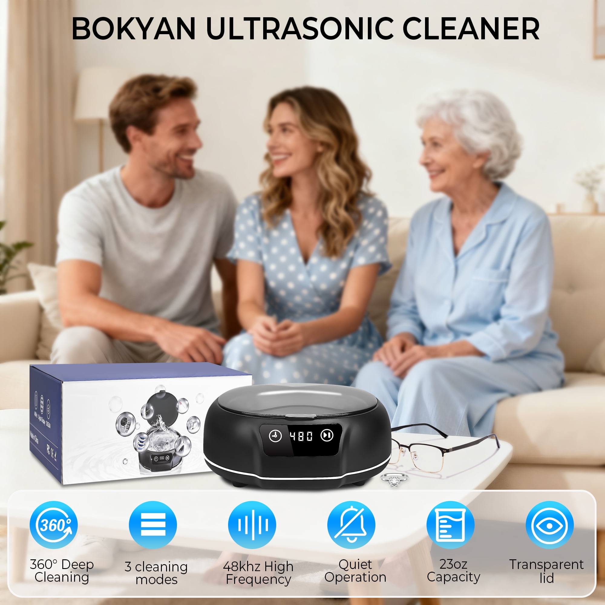 Bokyan Ultrasonic Jewelry Cleaner, 50 kHz Retainers Cleaner Machine 20 Oz Capacity with 304 Stainless Steel for Necklaces, Eyeglasses, Rings, Dentures, Black