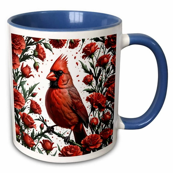 3drose, Cardinal Bird Surrounded by Scarlet Red Carnations, 15oz Two-tone Blue Mug