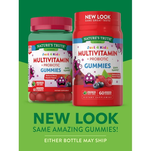 Kids Multivitamin Gummies with Probiotics | 60 Count | Vegetarian, Non-GMO, Gluten Free Supplement | Vitamin C, D3 & Zinc | Berry Punch Flavor | by Nature's Truth