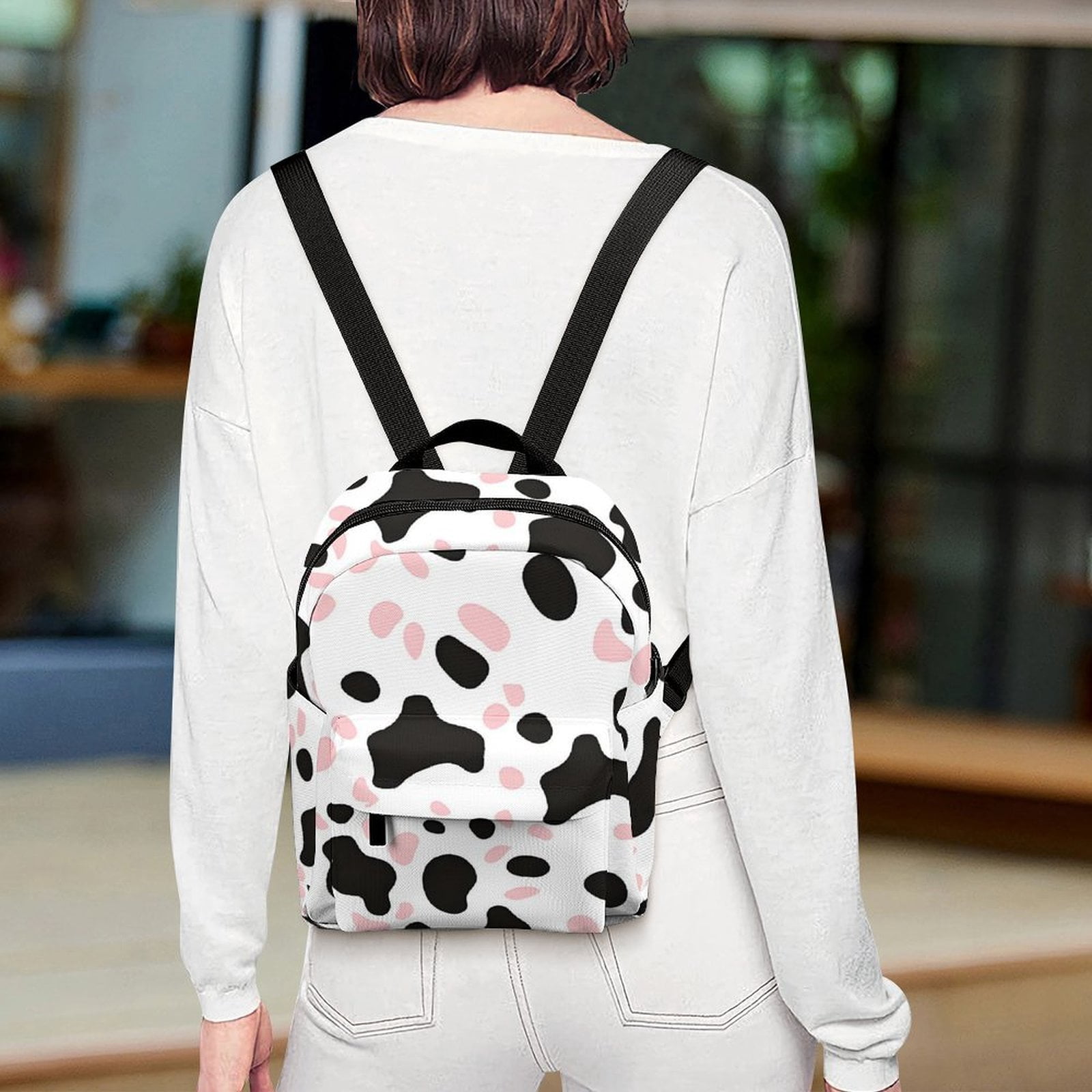 8.1×10in Casual Women'S Backpack With Anti-Contraction And Stretch For Sports Activities Travel Picnics Simple Cow Print Pattern White Background, Pink And White_1