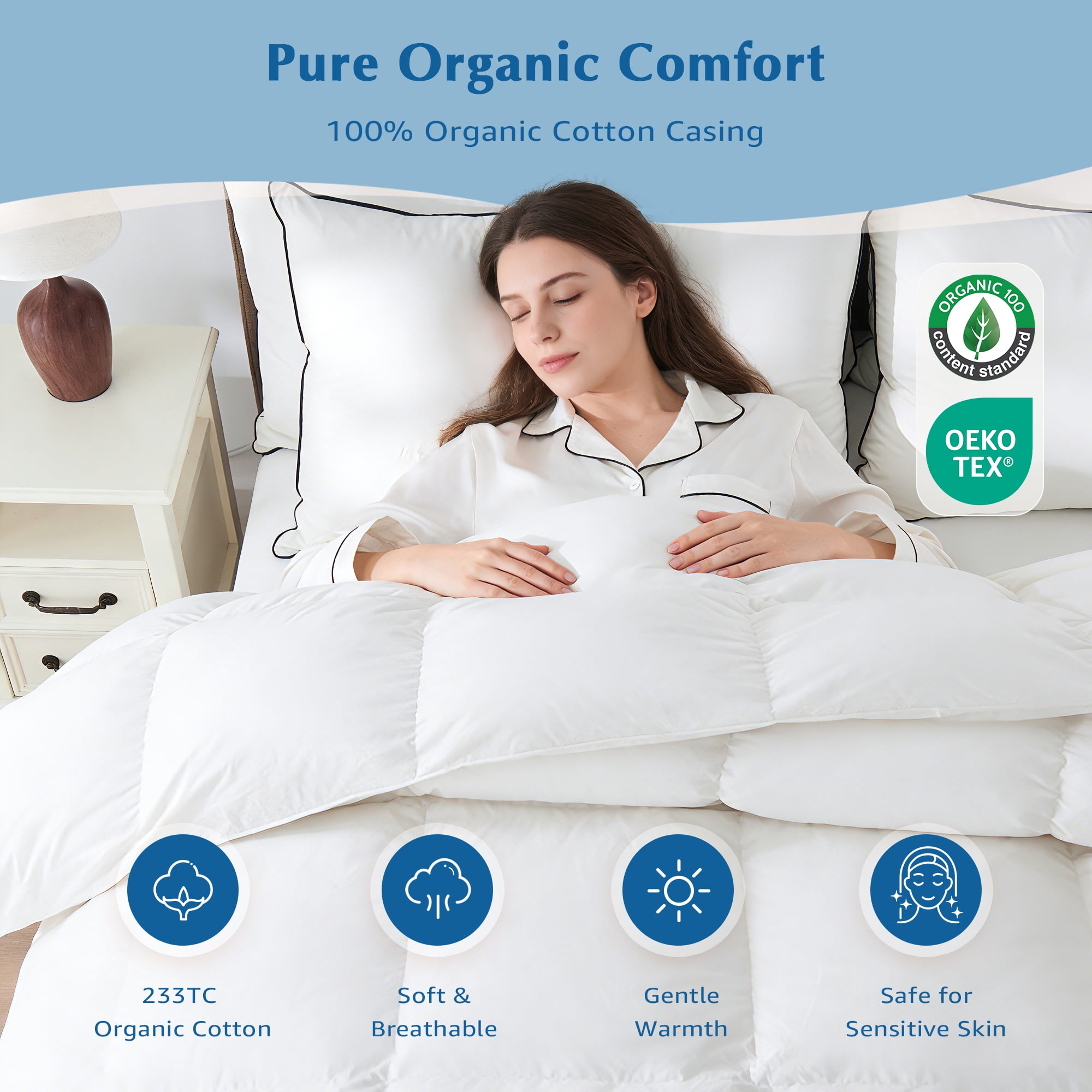 Dafinner All Season Goose Feather Down Comforter, 100% Organic Cotton Oversized King Size Duvet Insert with 4 Corner Tabs (120x98 inches, White)