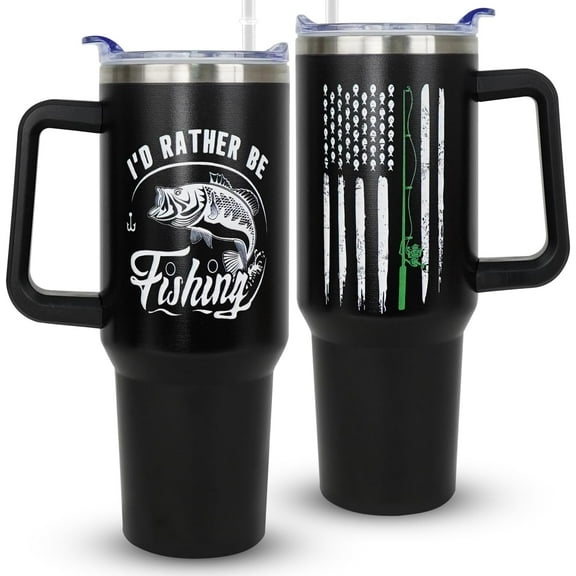 40oz Fishing Tumbler with Handle, Straw & Leakproof Lid - Insulated Coffee Cup for Men | Funny Gifts for Dad, Grandpa, Fisherman (Birthday, Christmas)