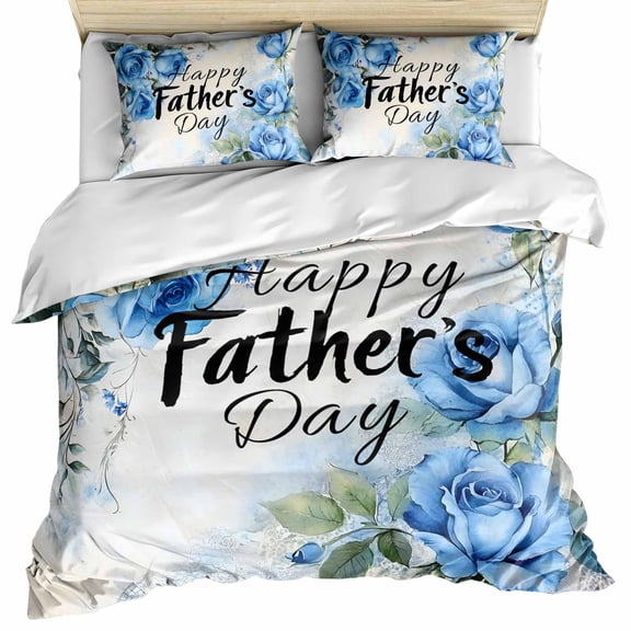 Happy Father's Day Bedding 3 Piece Duvet Cover Set Twin Size, Blue Spring Garden Floral Soft Microfiber Comforter Cover with Zipper Closure & Pillowcases, Wrinkle & FadeResistant Quilt Cover
