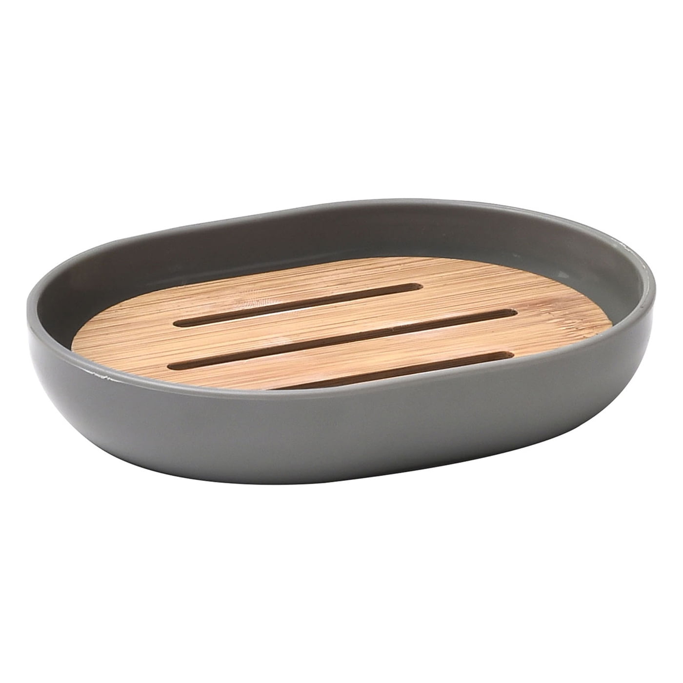 Grey PADANG Soap Dish Cup Dispenser with Bamboo Tray