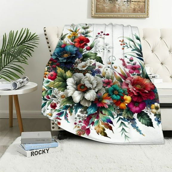 JRXY Flannel Fleece Blanket Orchid Accent Decorative with Pom Poms White