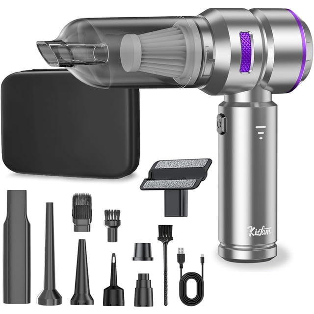 Kisfam Aspiradora para Auto, Aspiradora Mini de Alta Potencia 22000PA, Recargable Aspiradora de Mano, Soplador de Aire Inalámbrico y Aire Comprimido Portátil para Coche y Hogar (Púrpura Plateado)