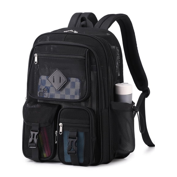 Soda Candy Mesh Backpacks for School Heavy Duty See Through Net Bookbag Semi-Transparent Net Back Pack for Beach, Work, Black
