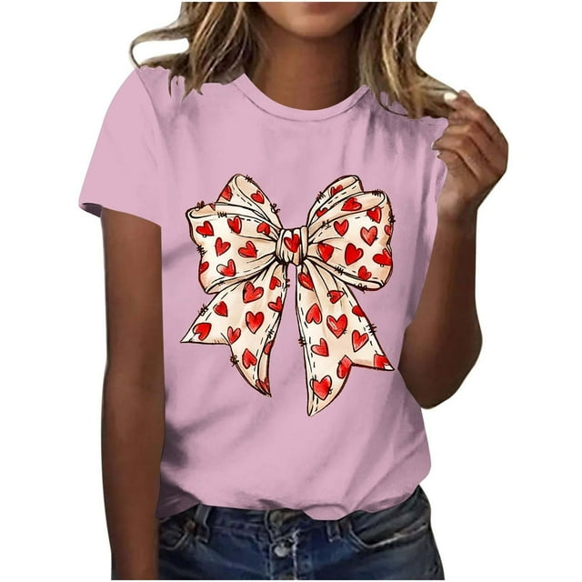 T-Shirt à Col Rond à Manches Courtes pour Femme avec Imprimé de Nœud et de Cœur pour la Saint-Valentin - T-Shirt Graphique Mignon