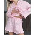 thumbnail image 3 of Cenuakty Women's Summer Loungewear Set, Solid Color Long Sleeve Lapel Button Tops with Ruffled Shorts 2 Pieces Sleepwear, 3 of 9