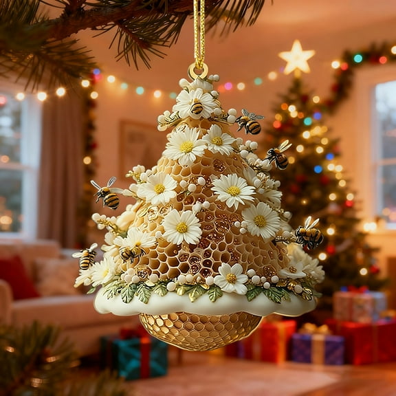 Taicans ‌Floral Beehive Christmas Tree Ornament,Acrylic Hanging Decor with Bees & Flowers,Honeycomb Design&Mini Trees,Festive Holiday Decor for Christmas Tree,Wreath,Mantel,Floral Bee Theme Ornaments