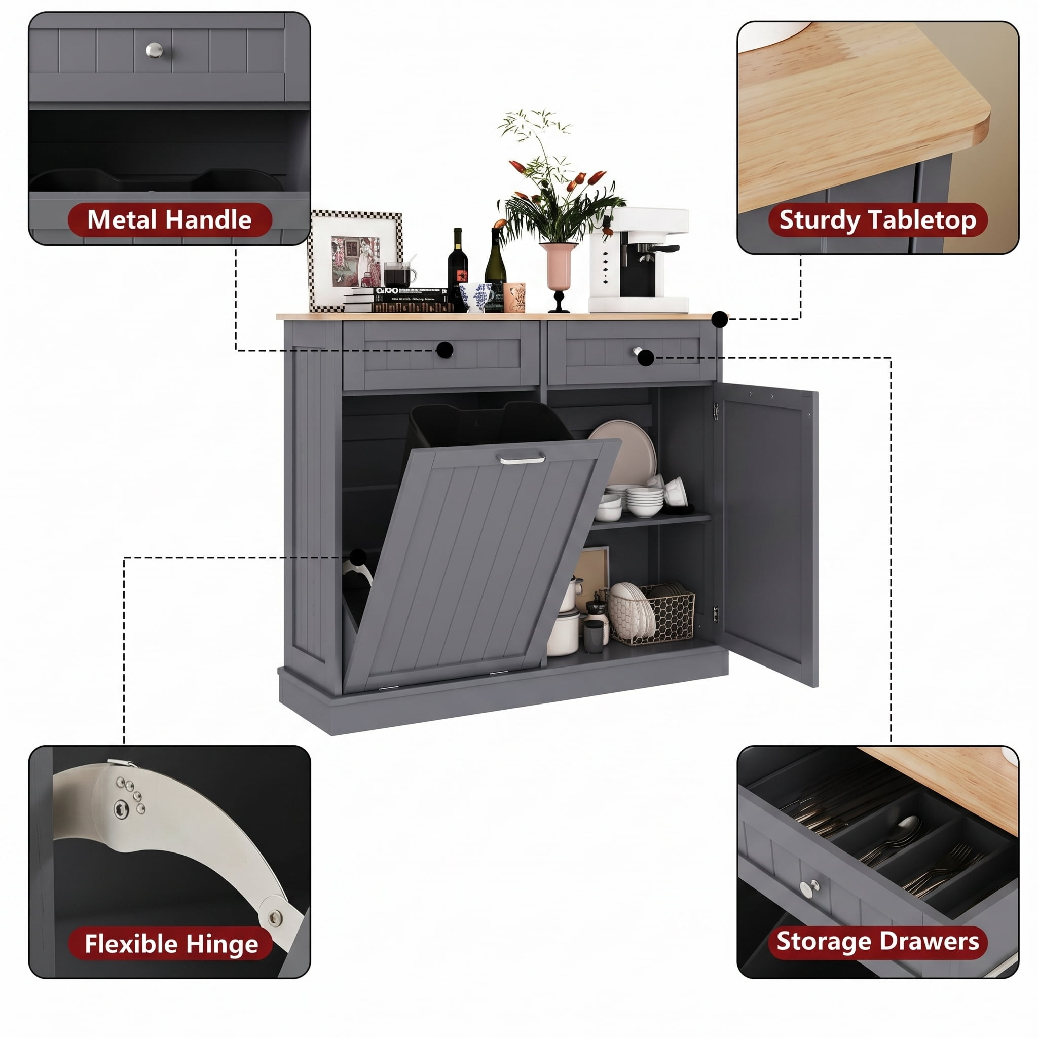 AHB 13 Gallon Single Tilt Out Trash Cabinet with Drawer and Handle, Kitchen Trash Can Storage Organizer, 39.4"L x 14"W x 38.3"H, Gray