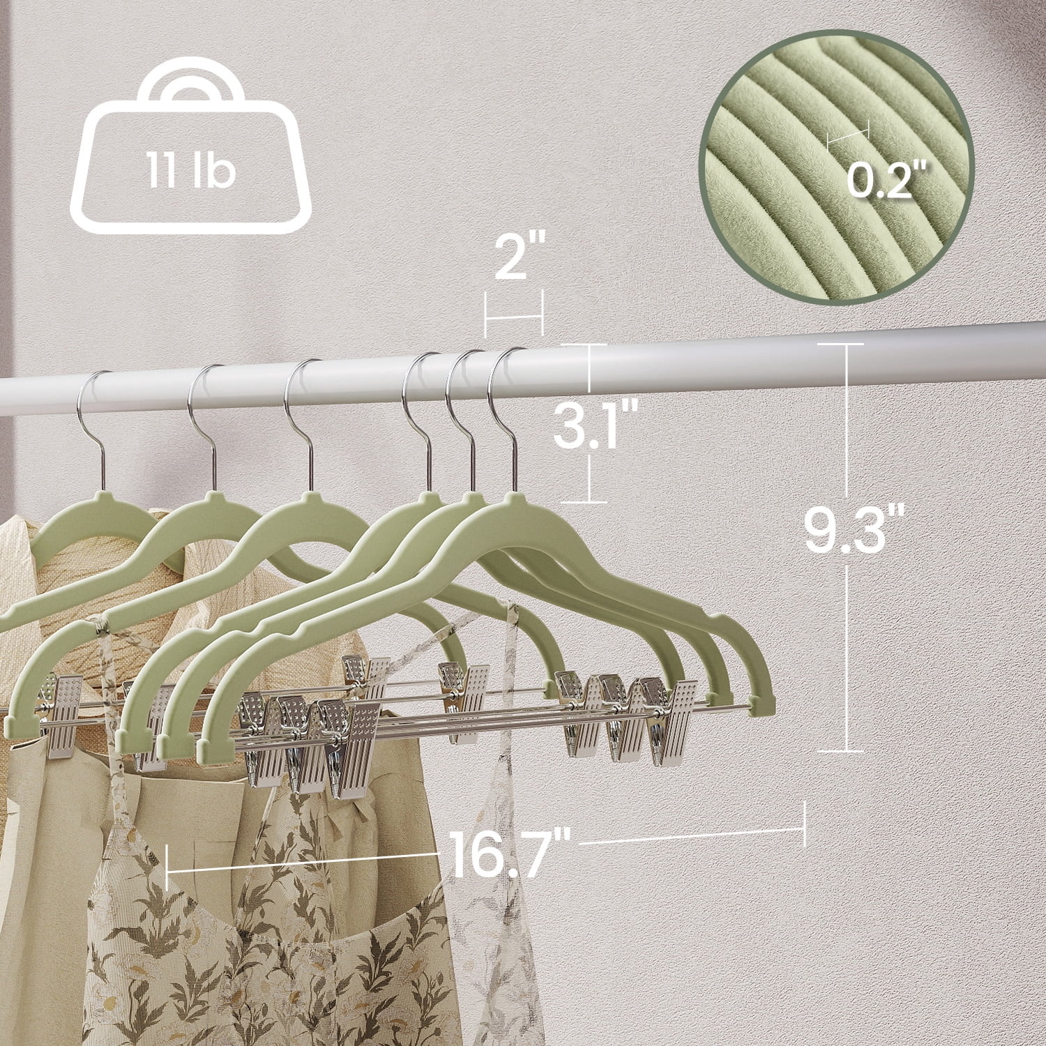 LEDREM 30-Pack Adjustable Velvet Hangers, Heavy-Duty Non-Slip Skirt Hangers, Pants Hangers with Movable Clips, Space-Saving for Dresses & Coats, Pale Green