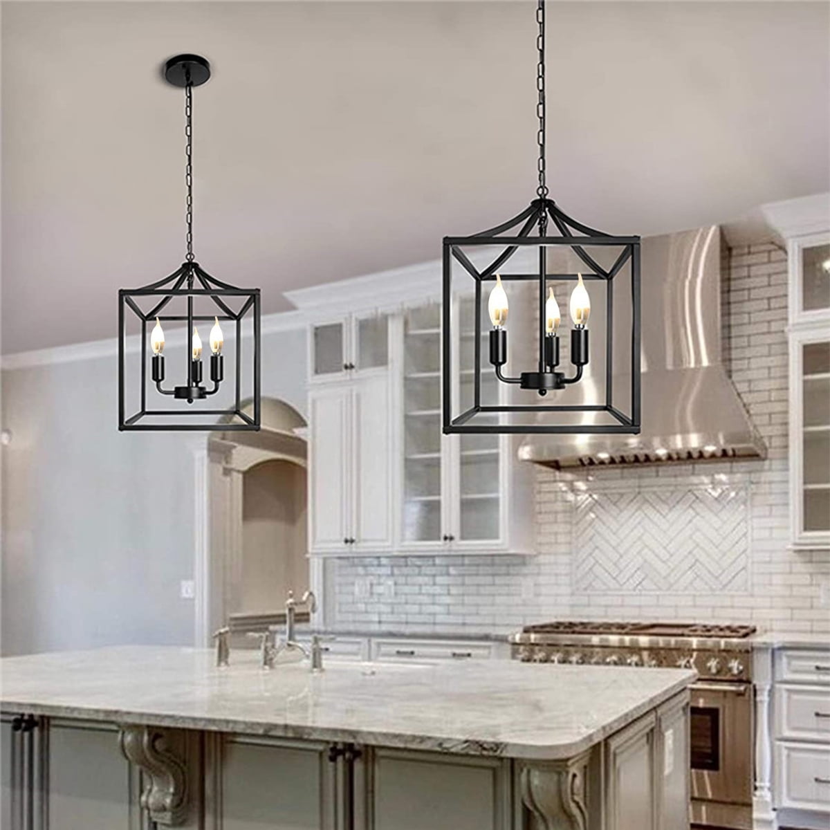 3-Light Lantern Chandelier, Modern Farmhouse Pendant Lighting Fixture Square Industrial Chandelier Ceiling Light for Kitchen Dining Room Bedroom Foyer ...