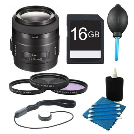Sony G Series Wide Angle 35mm f/1.4 G Lens for Sony Alpha 16GB Card and Filter Bundle - Includes Lens, 16GB SDHC High Speed Memory Card, 55mm UV, Polarizer, and FLD Deluxe Filter Kit, Lens Cap Keeper,