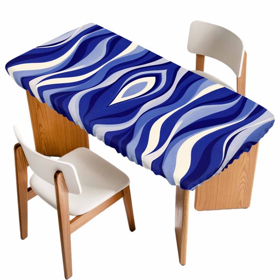 Blue Moire Table Cloths for 6 Foot Rectangle Tables, Classic Modern Abstract Art Elegant Patio Waterproof Elastic Fitted Tablecloths, Washable Rectangular Table Cover for Camping