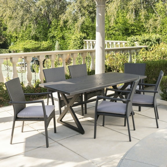 Ariana Outdoor 7 Piece Aluminum Dining Set with Wicker Dining Chairs and Cushions,Grey