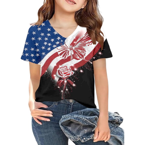 Curuila Children Girls Boys T Shirt 250 Anniversary Usa Shirt V Neck Short Sleeved Print Breathable Tee Black1 Size 5-6 Years