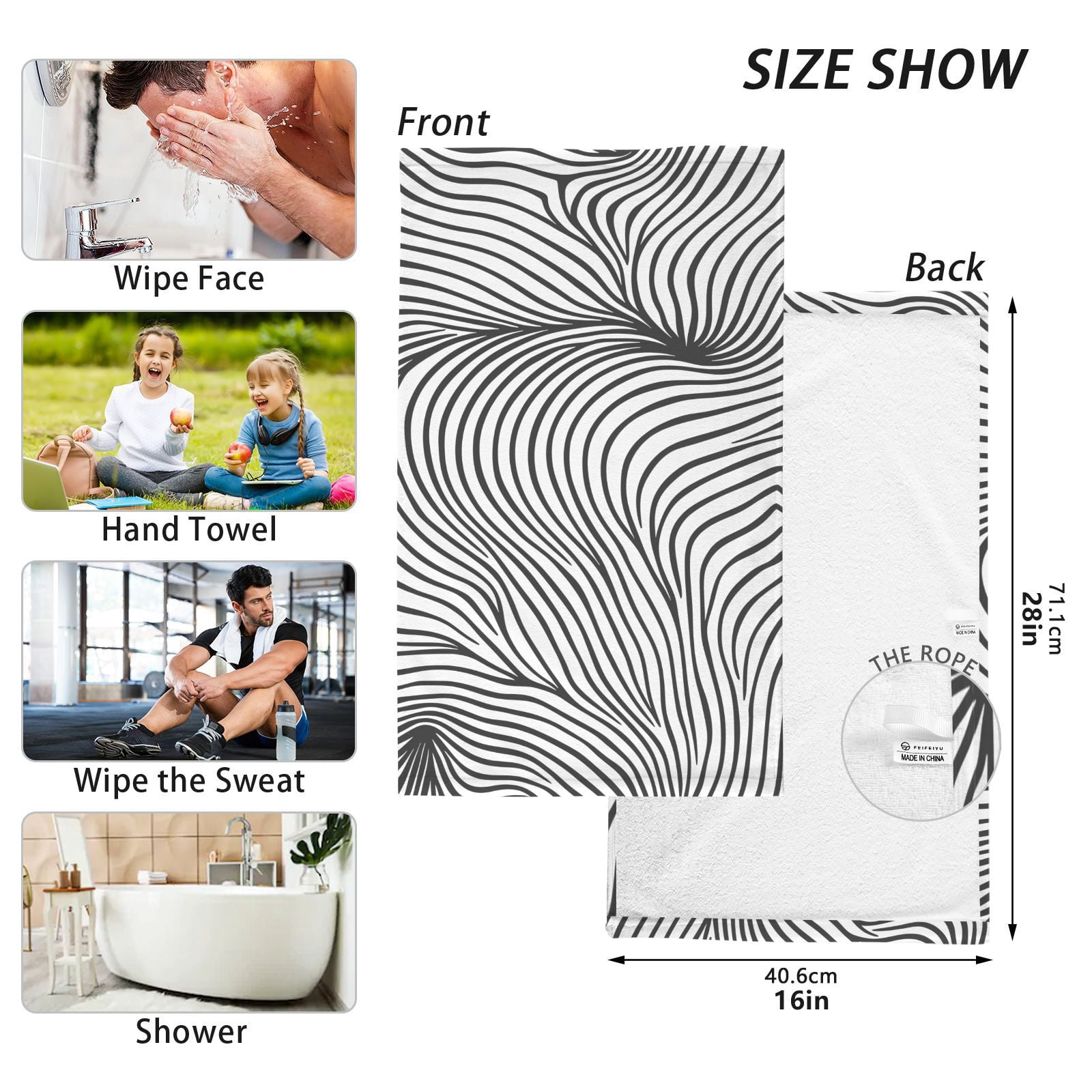 Line Black Hand Towels Cotton Bath Towels Large Face Towels Absorbent for Bathroom 2 Packs